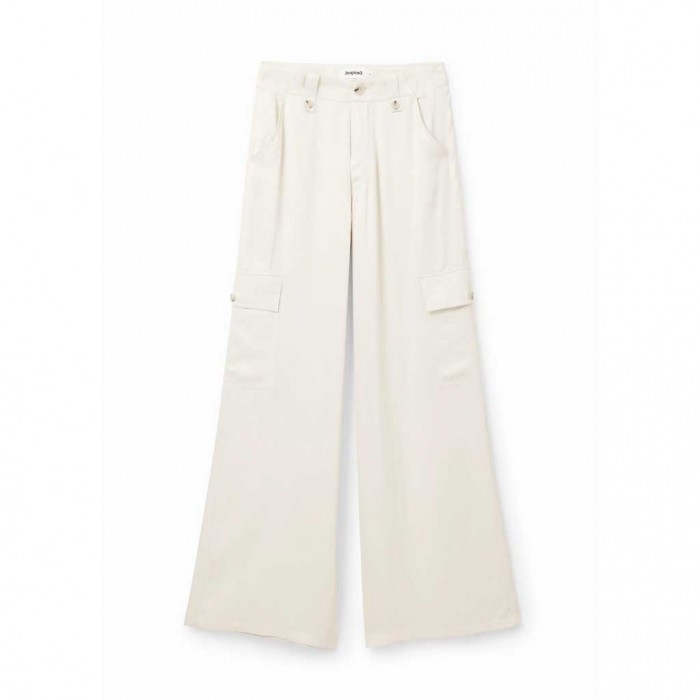 DESIGUAL Wide-leg satin cargo trousers ECRU