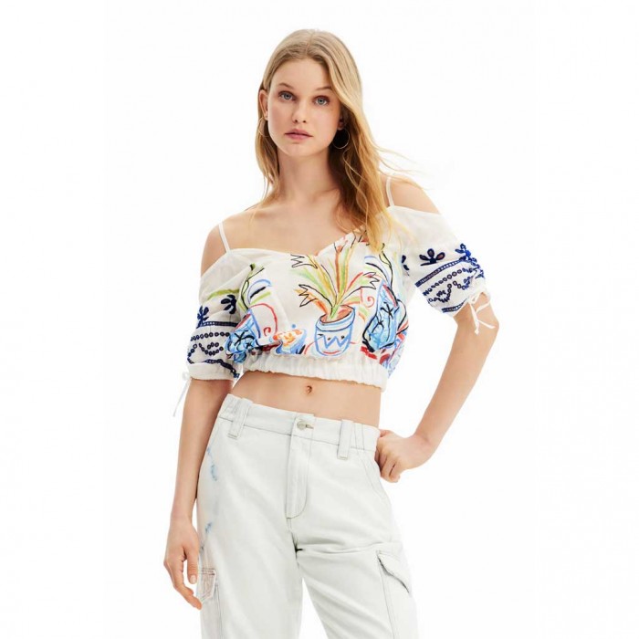 DESIGUAL Short gathered illustration blouse WHITE