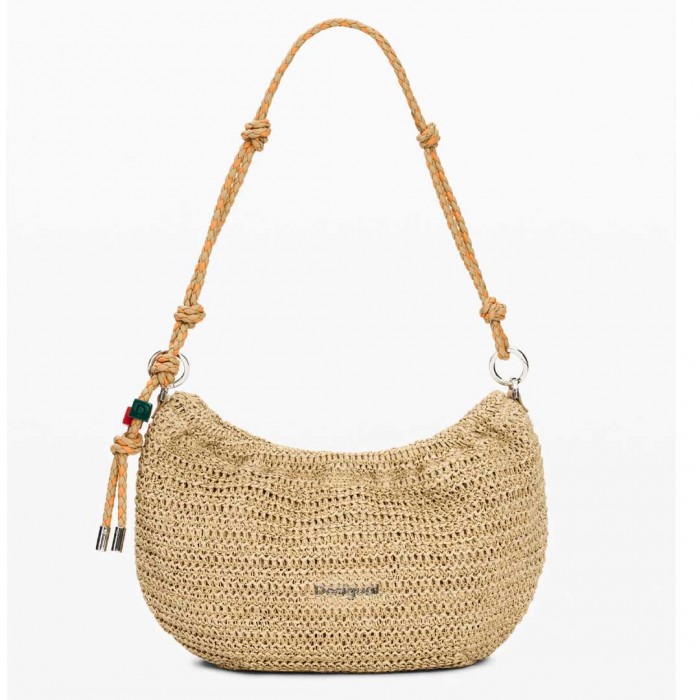 DESIGUAL Medium oval raffia bag with charms BEIGE