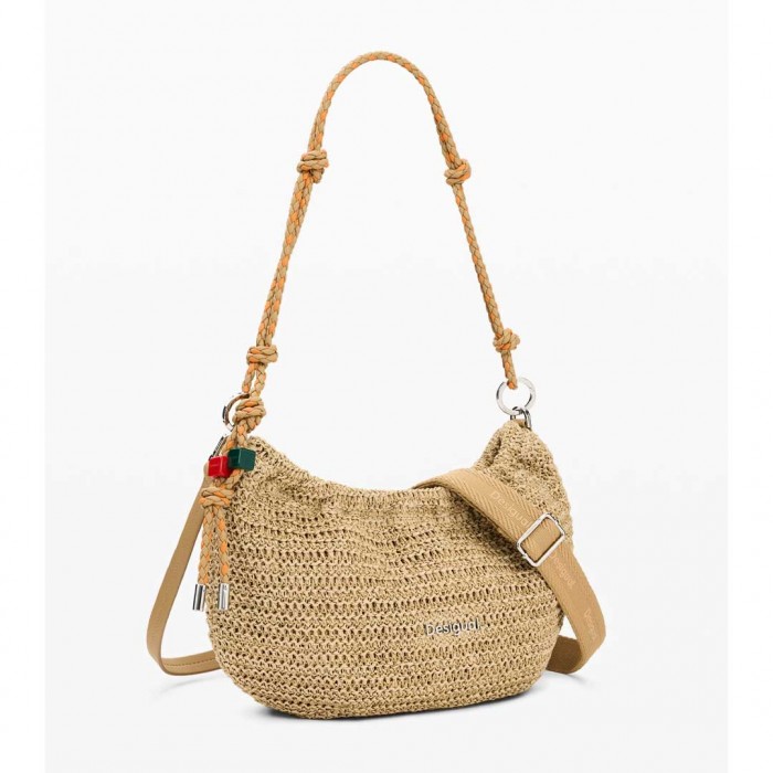DESIGUAL Medium oval raffia bag with charms BEIGE