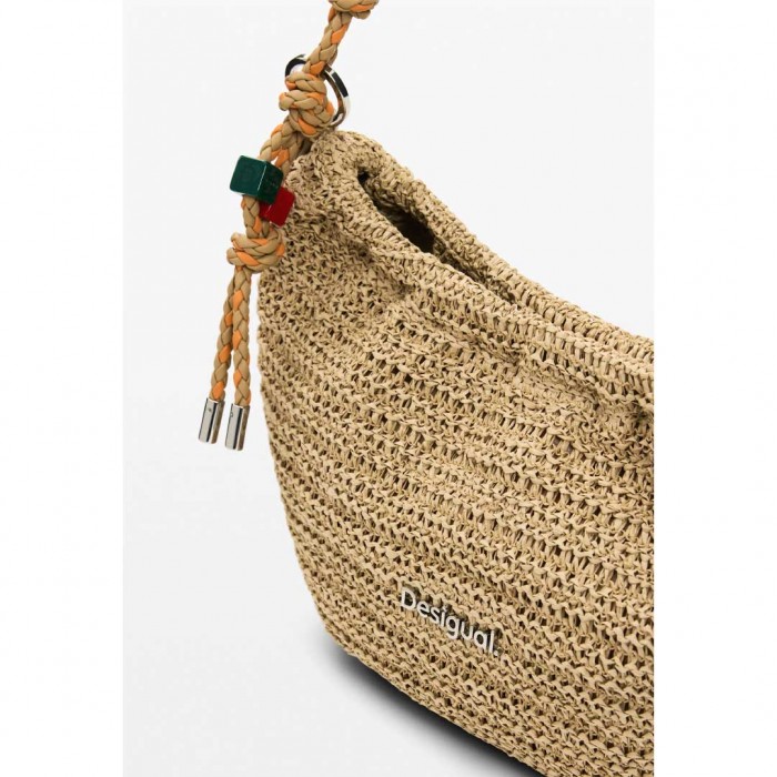 DESIGUAL Medium oval raffia bag with charms BEIGE