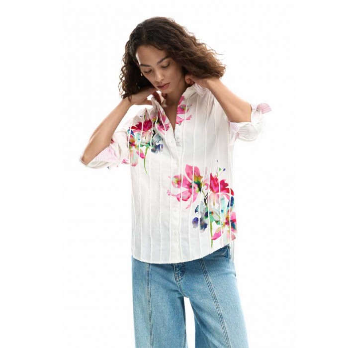 DESIGUAL Pleated Long-Sleeve Floral Shirt WHITE