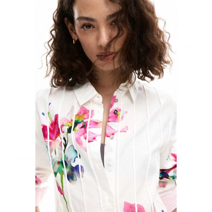 DESIGUAL Pleated Long-Sleeve Floral Shirt WHITE