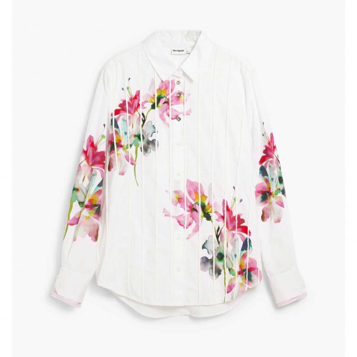 DESIGUAL Pleated Long-Sleeve Floral Shirt WHITE