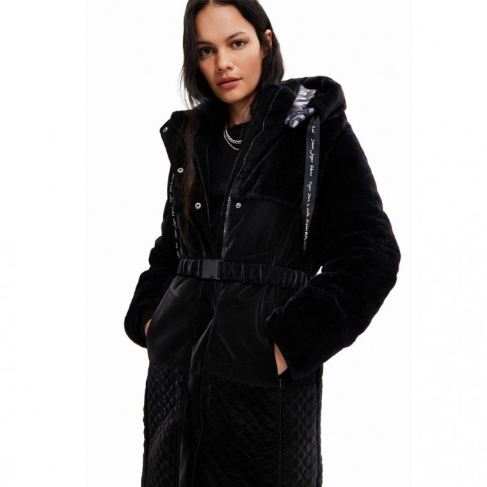 DESIGUAL Long padded coat with belt BLACK