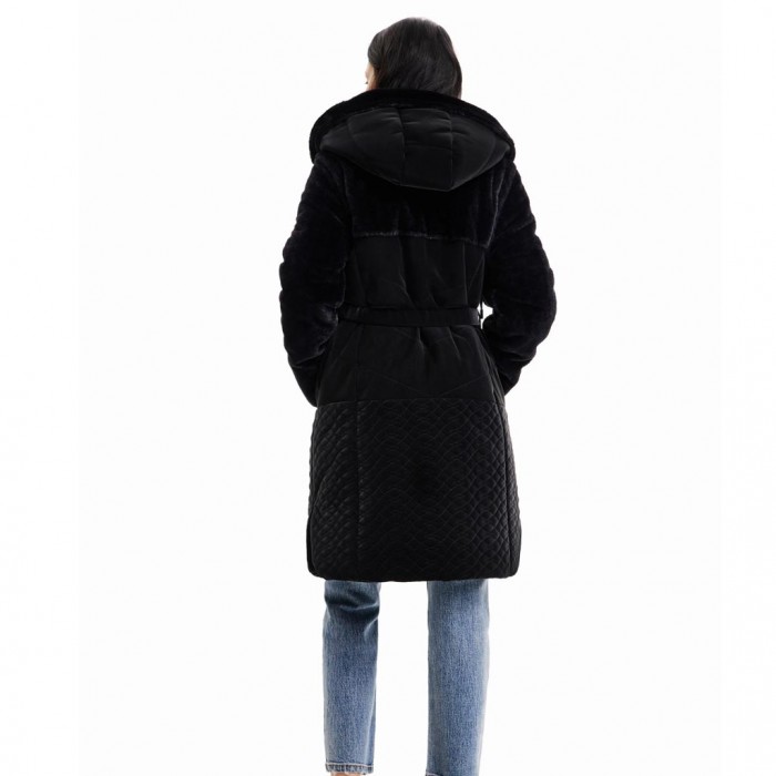 DESIGUAL Long padded coat with belt BLACK