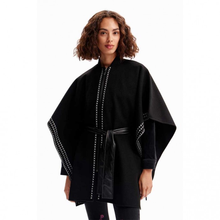 DESIGUAL Embroidered belted poncho BLACK