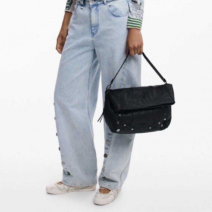 DESIGUAL WOMAN Medium embroidered faux leather bag BLACK