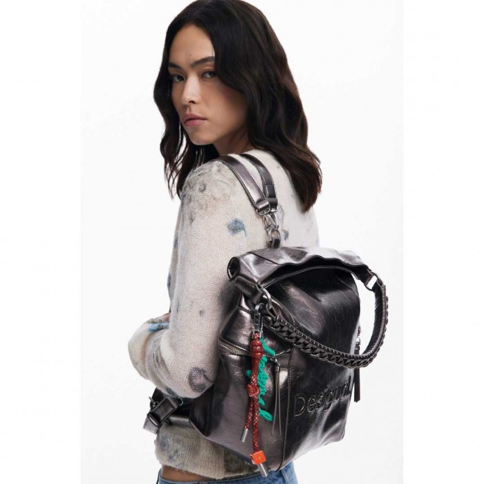DESIGUAL Metallic backpack with large logo DARK SILVER