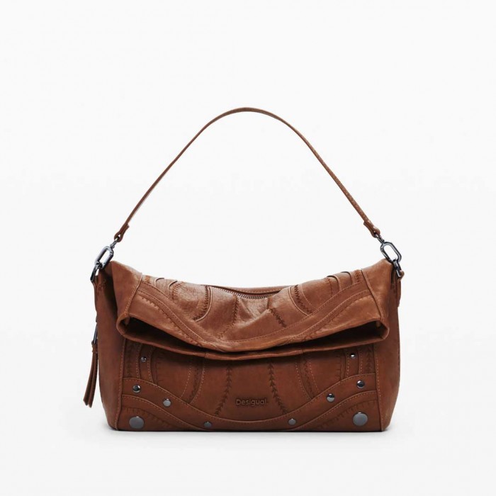 DESIGUAL Medium embroidered faux leather bag BROWN