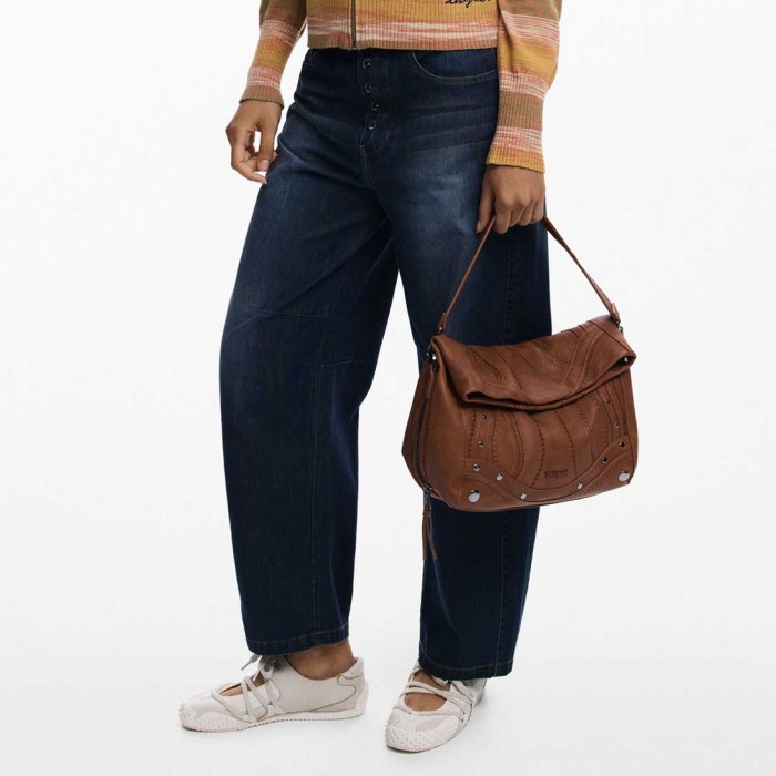 DESIGUAL Medium embroidered faux leather bag BROWN