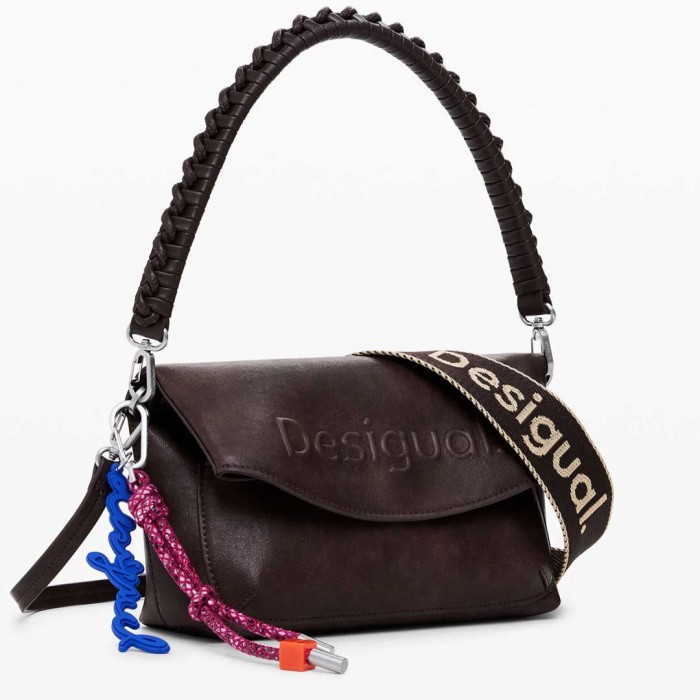 DESIGUAL Medium faux suede bag with 3D logo BROWN