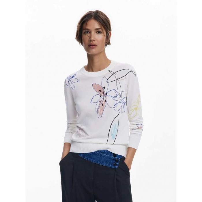 DESIGUAL Fine sweater with floral strokes WHITE