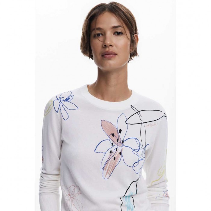 DESIGUAL Fine sweater with floral strokes WHITE