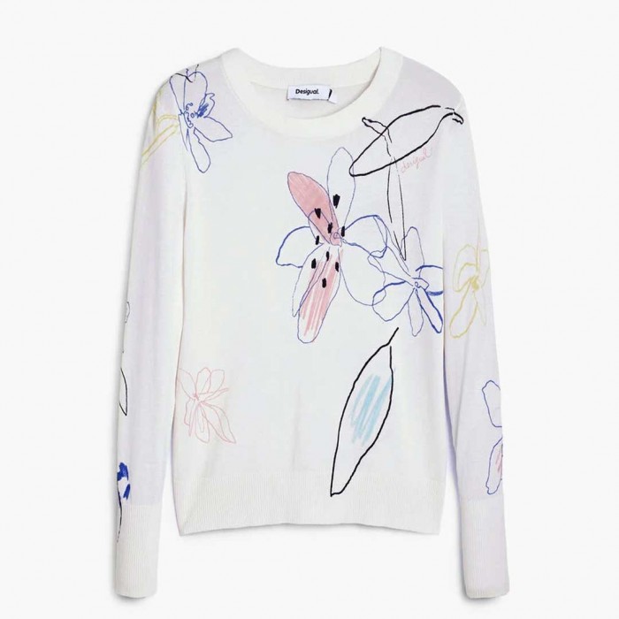 DESIGUAL Fine sweater with floral strokes WHITE