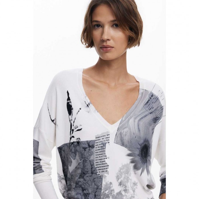 DESIGUAL WOMAN V NECK PULLOVER WHITE/BLACK