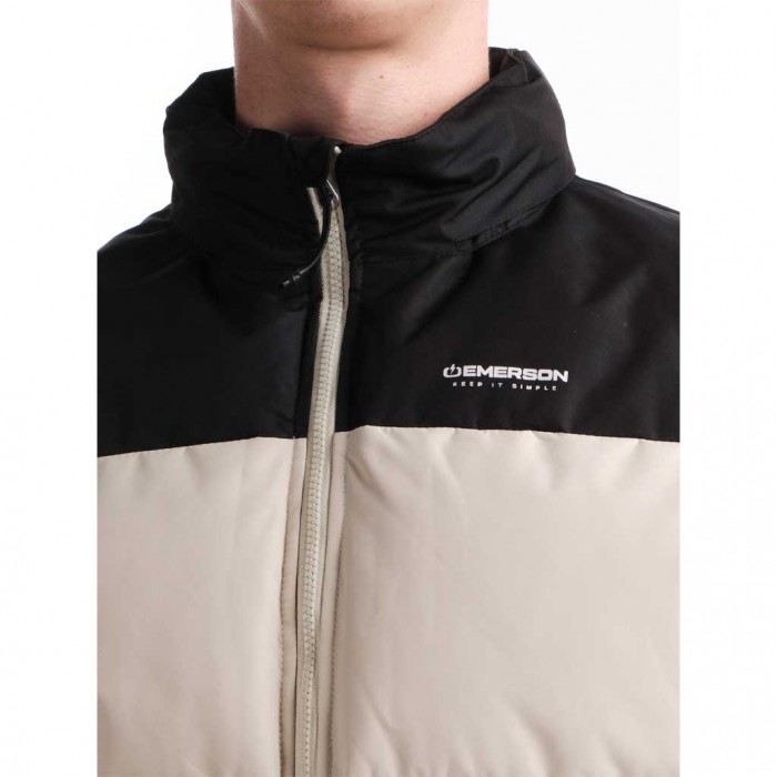 EMERSON MEN’S HOODED PUFFER JACKET WITH ROLL-IN HOOD ECRU/BLACK