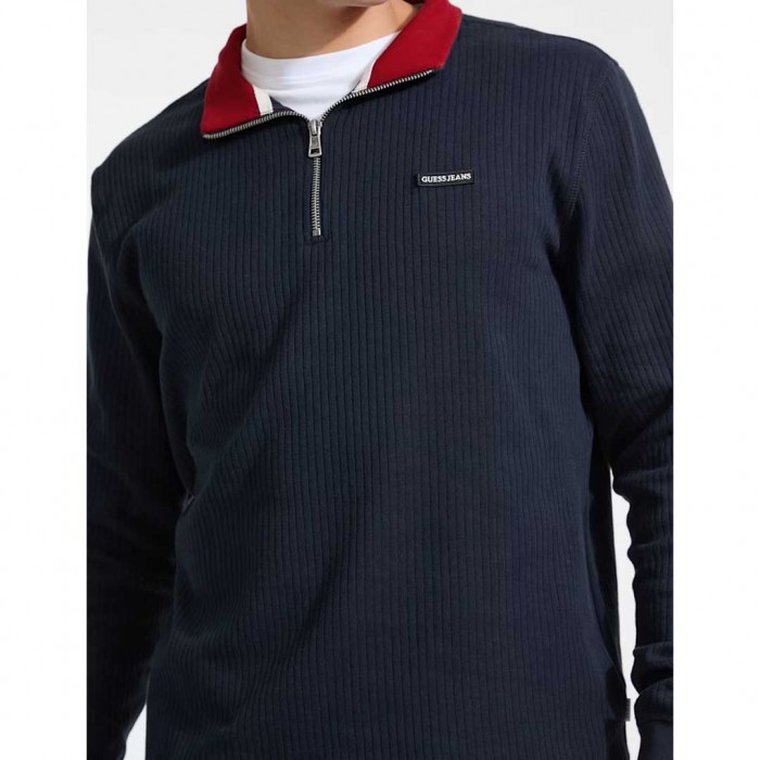 GUESS JEANS Ribbed Quarter Zip Pullover BLUE