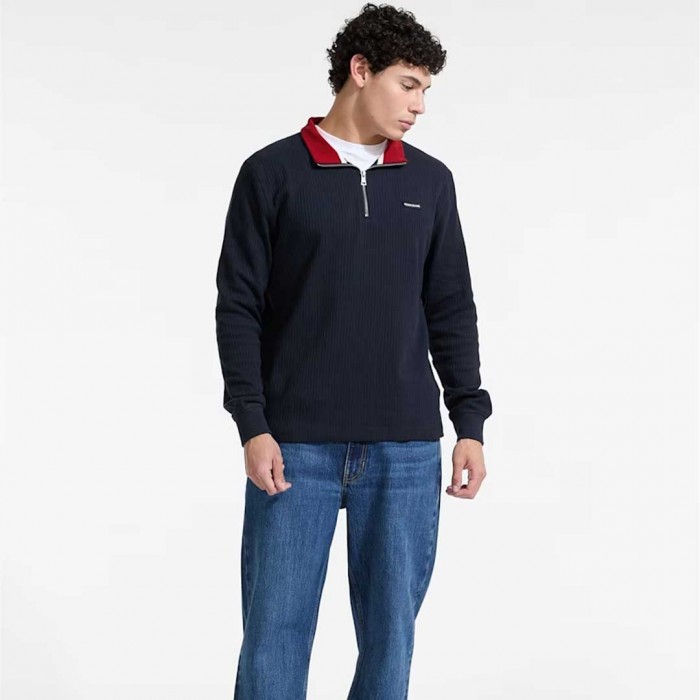 GUESS JEANS Ribbed Quarter Zip Pullover BLUE