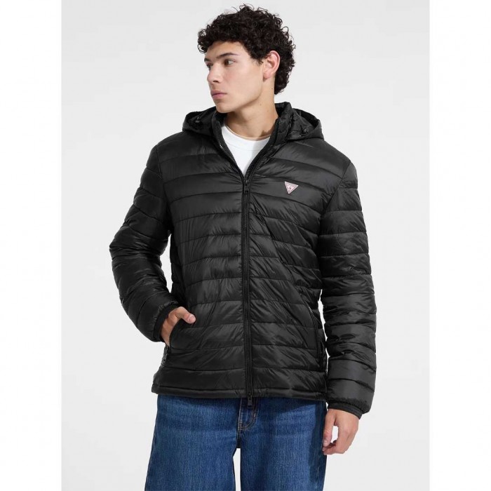 GUESS JEANS Nylon Hooded Puffer Jacket BLACK