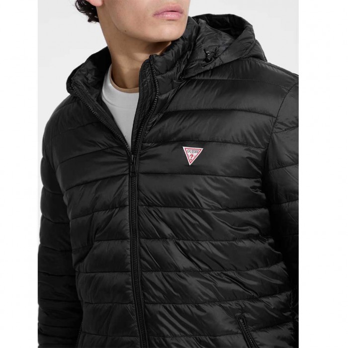 GUESS JEANS Nylon Hooded Puffer Jacket BLACK