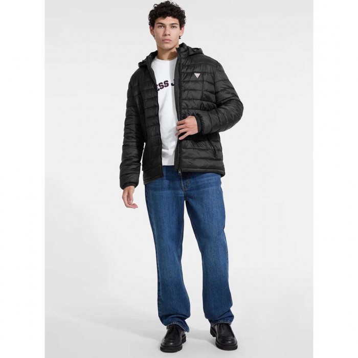 GUESS JEANS Nylon Hooded Puffer Jacket BLACK