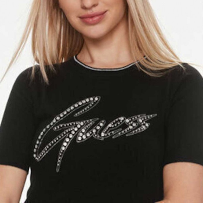 GUESS Rhinestones front logo sweater top BLACK