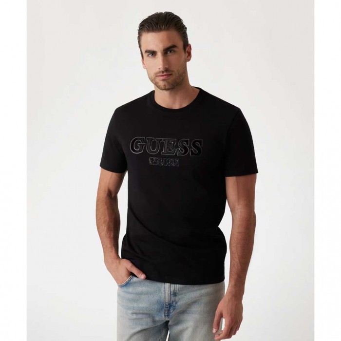 GUESS Flocked logo T-shirt BLACK