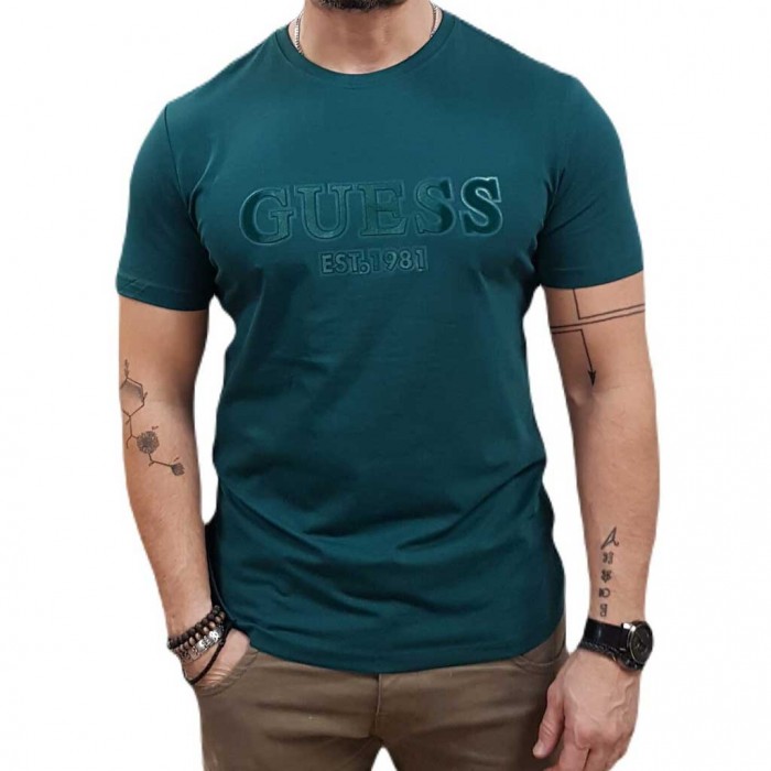 GUESS Flocked logo T-shirt PETROL