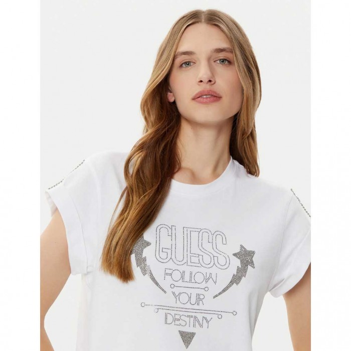 GUESS WOMAN T SHIRT LOGO STRAS WHITE