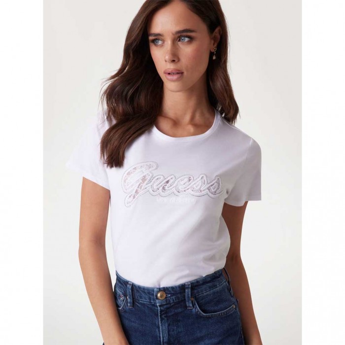 GUESS Lace logo T-shirt WHITE