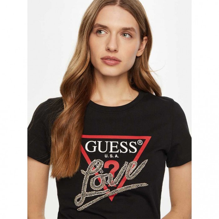 GUESS TRIANGLE LOVE CREW NECK T-SHIRT WOMEN BLACK