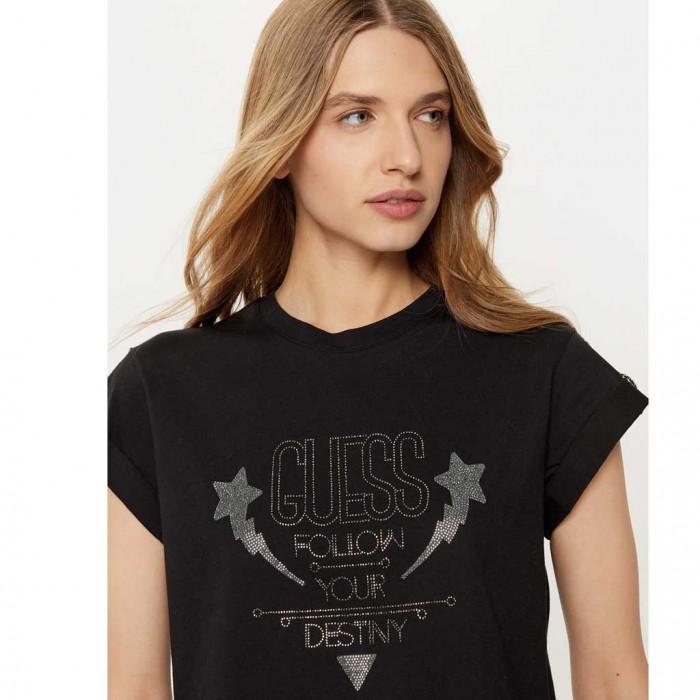 GUESS WOMAN T SHIRT STRAS LOGO BLACK