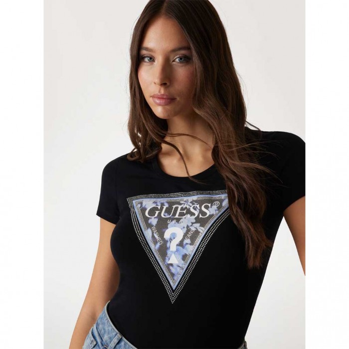 GUESS Floral triangle logo T-shirt BLACK