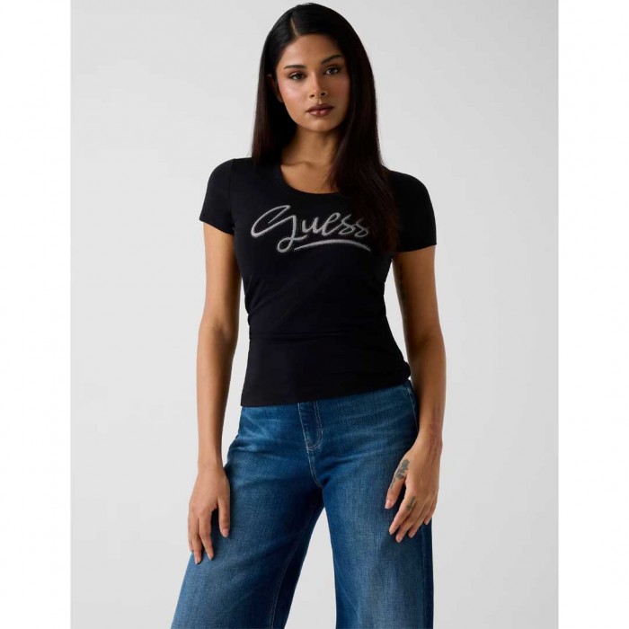 GUESS Logo rhinestones t-shirt BLACK