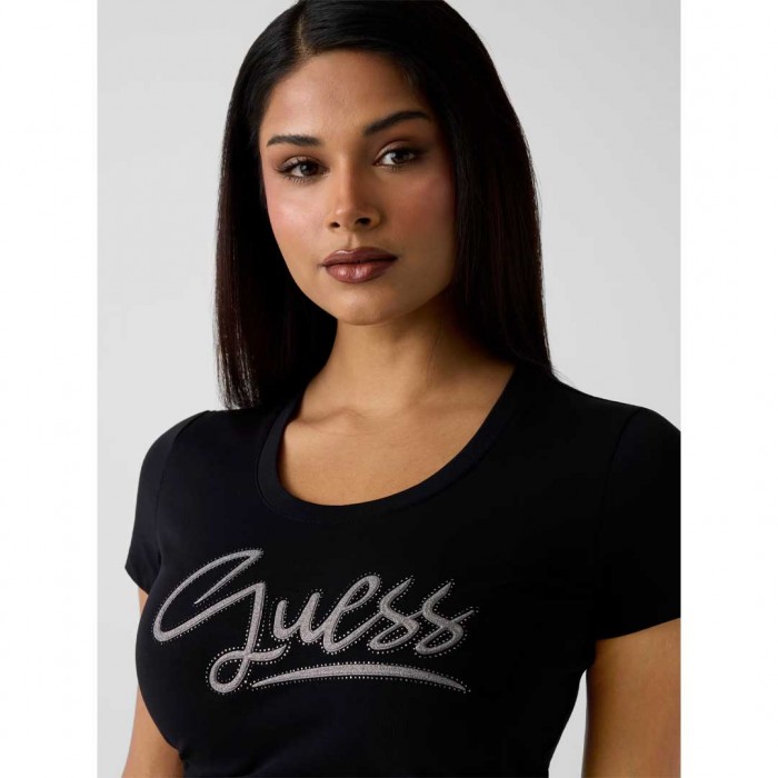 GUESS Logo rhinestones t-shirt BLACK