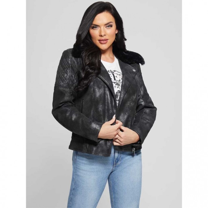 GUESS WOMAN LEATHER JACKET BLACK