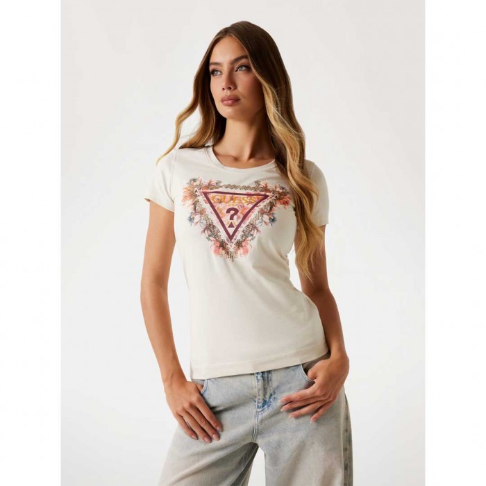 GUESS Floral triangle logo T-shirt BEIGE