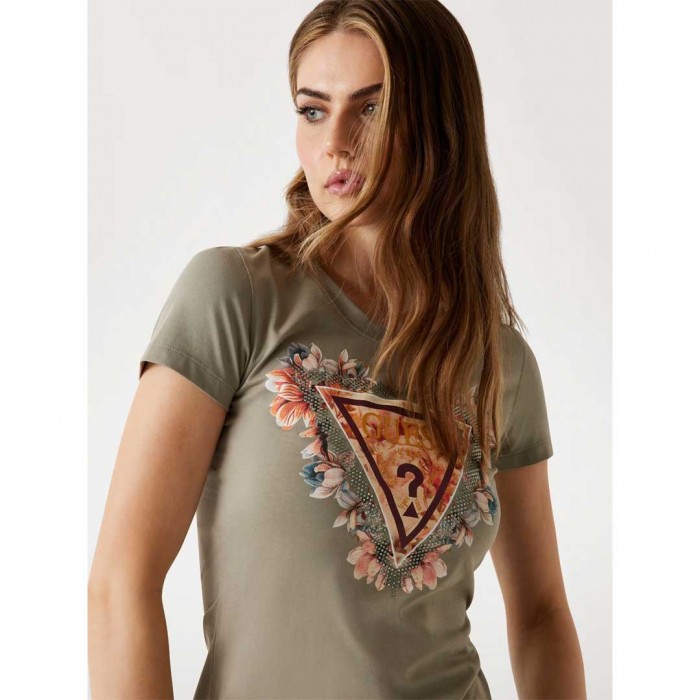 GUESS Floral triangle logo T-shirt GREEN