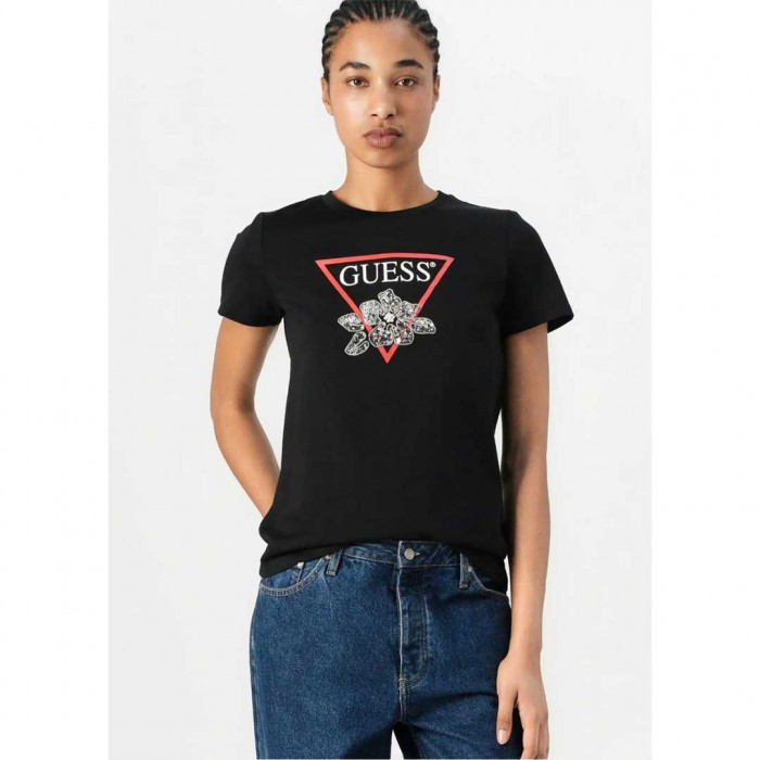 GUESS WOMAN T SHIRT WITH LOGO BLACK