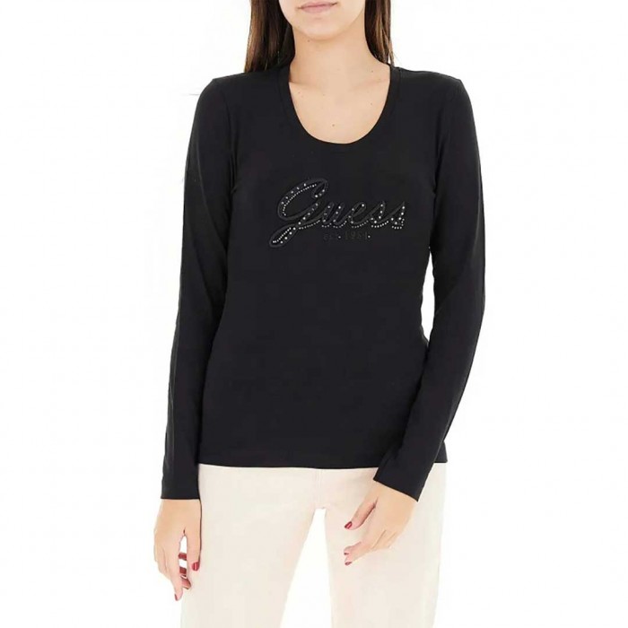 GUESS CN LS EMBRO SCRIPT LOGO TEE BLACK