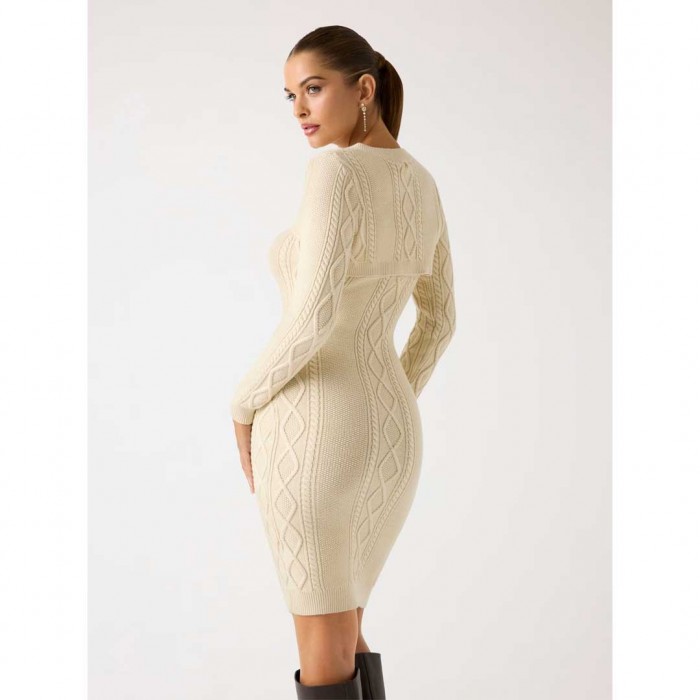 GUESS WOMAN Twin-set cable-knit midi dress BEIGE GUESS WOMAN Twin-set cable-knit midi dress BEIGE