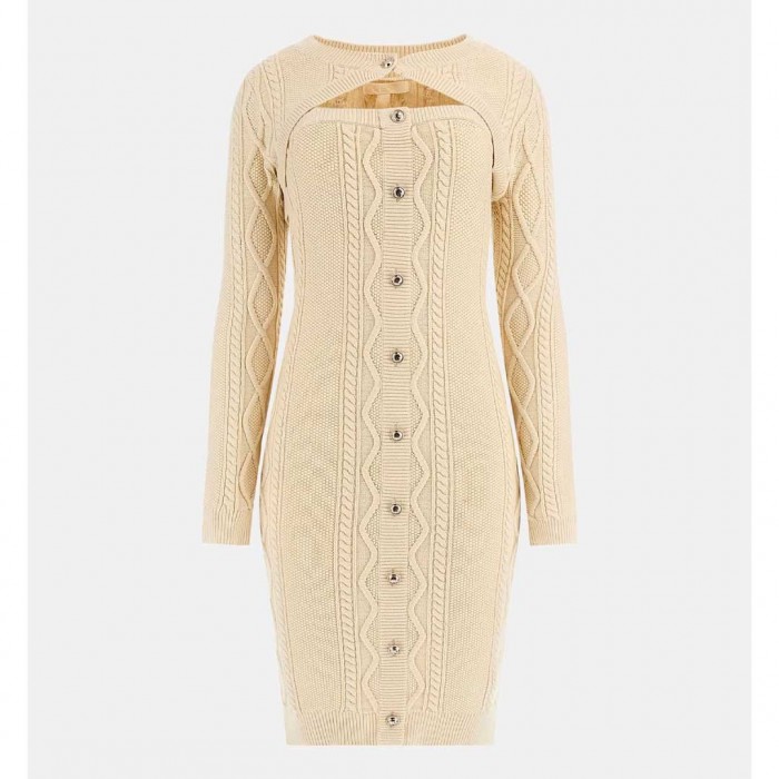 GUESS WOMAN Twin-set cable-knit midi dress BEIGE