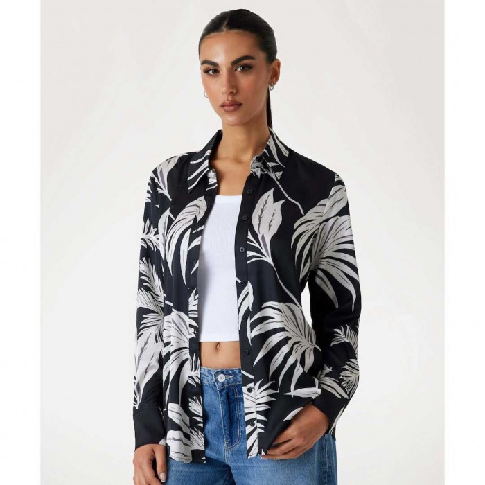 GUESS Women's Long Sleeve Shirt SATEN BLACK/WHITE