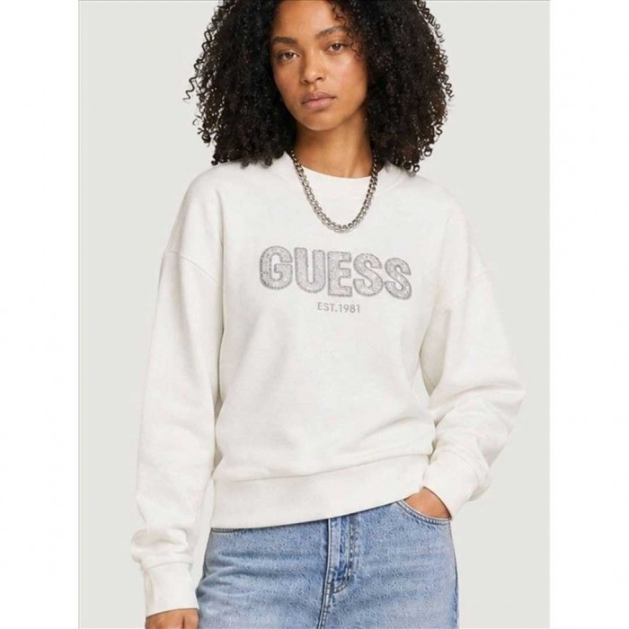 GUESS WOMAN PULLOVER LOGO PRINT ECRU