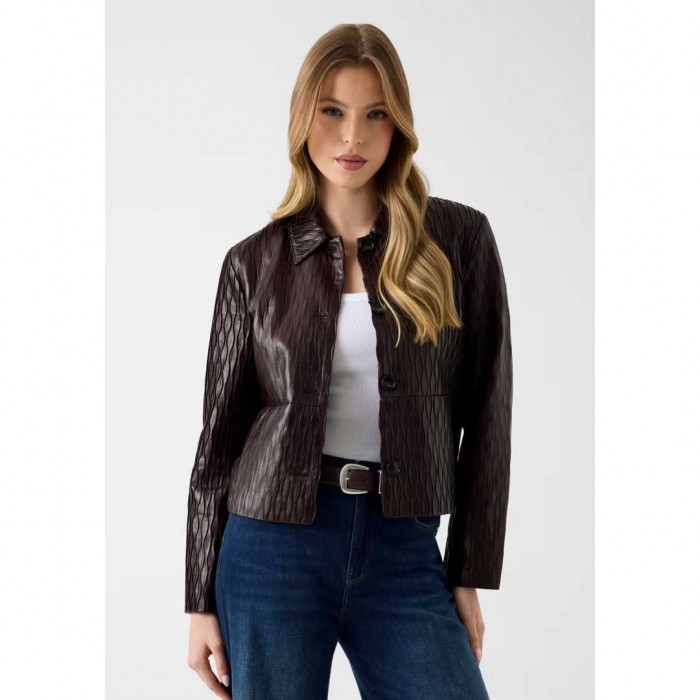 GUESS WOMAN LEATHER JACKET DARK BROWN