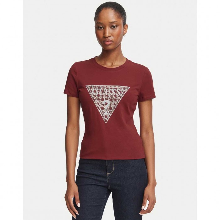 GUESS WOMAN LOGO TRIANGLE T SHIRT DARK RED