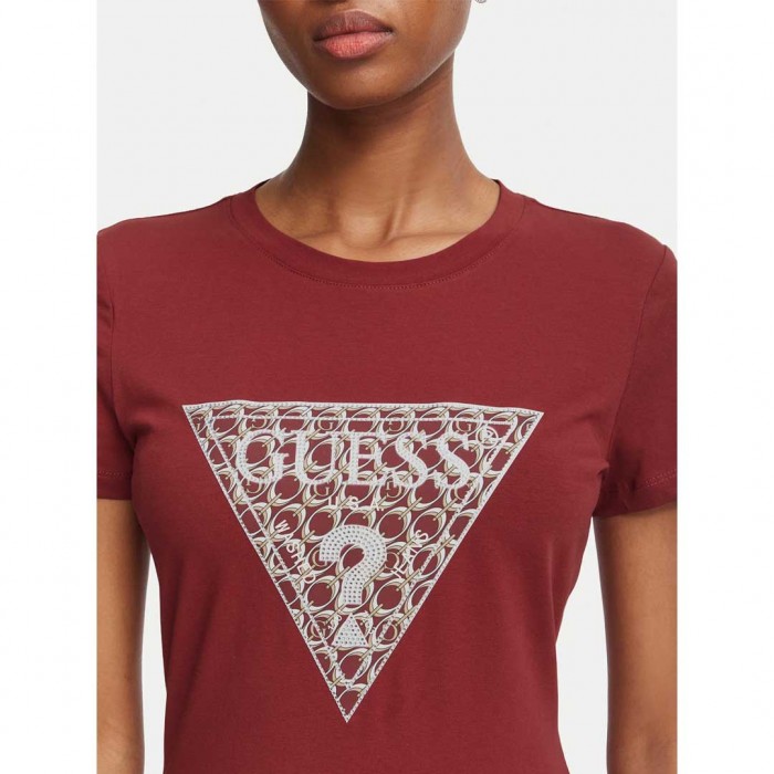 GUESS WOMAN LOGO TRIANGLE T SHIRT DARK RED