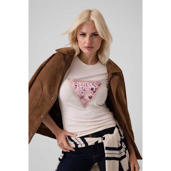 GUESS WOMAN  Triangle logo t-shirt CREAM