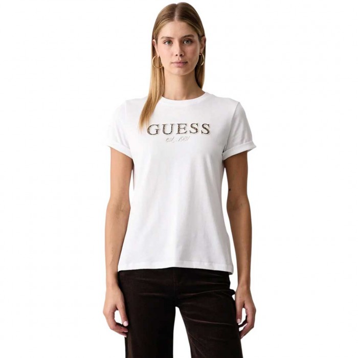 GUESS WOMAN T SHIRT LEOPARD LOGO WHITE